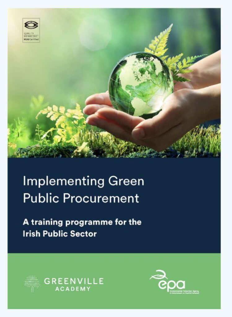 hands holding globe photo on green public procurement training brochure cover